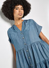 Embroidered Denim Tiered Mini Dress, Blue, large