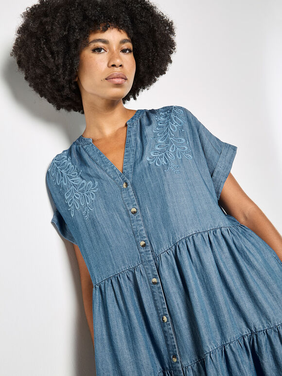 Embroidered Denim Tiered Mini Dress, Blue, large
