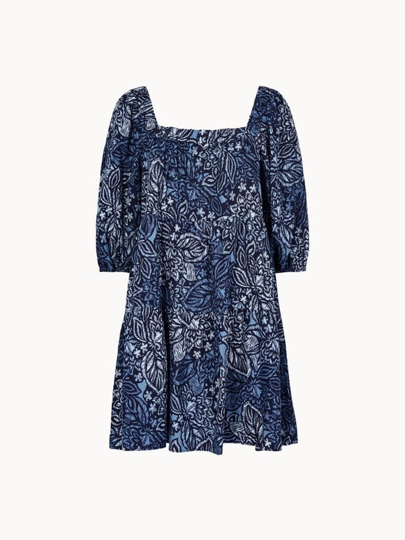 Floral Print Tiered Mini Dress, Navy, large
