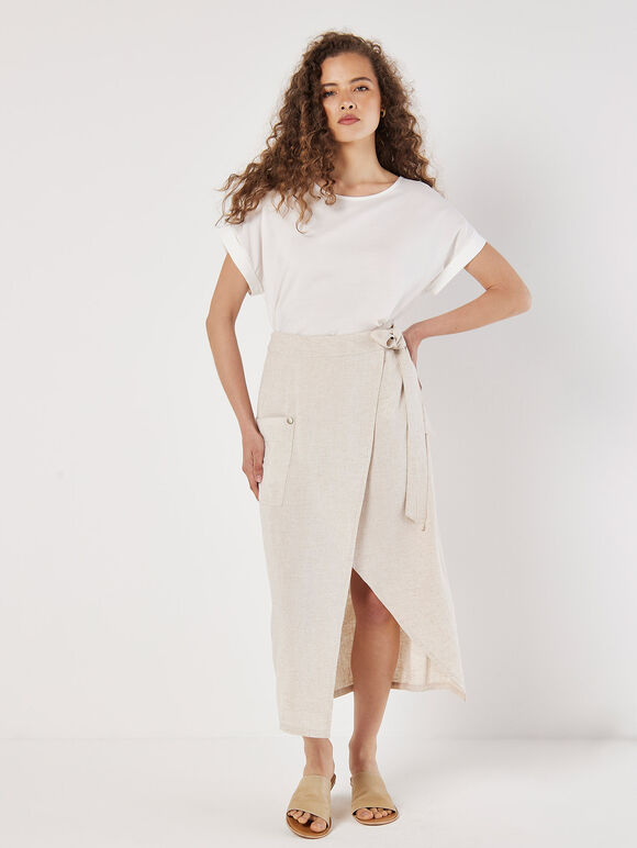 Linen Blend Wrap Midi Skirt, Cream, large