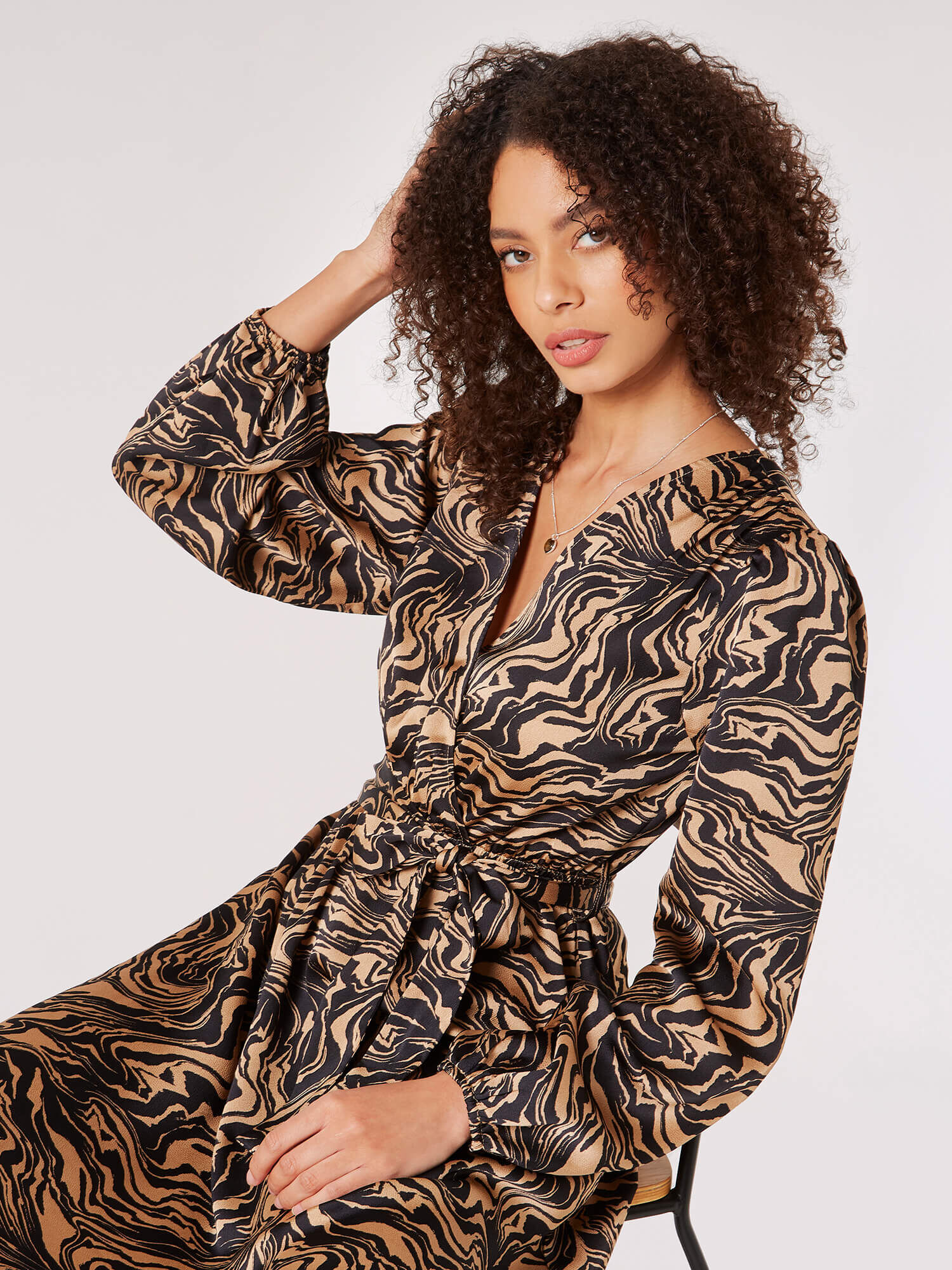 Swirl Satin Wrap Midi Dress Apricot Clothing