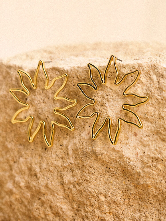 24K Gold Plated Flower Stud Earrings, Gold, large