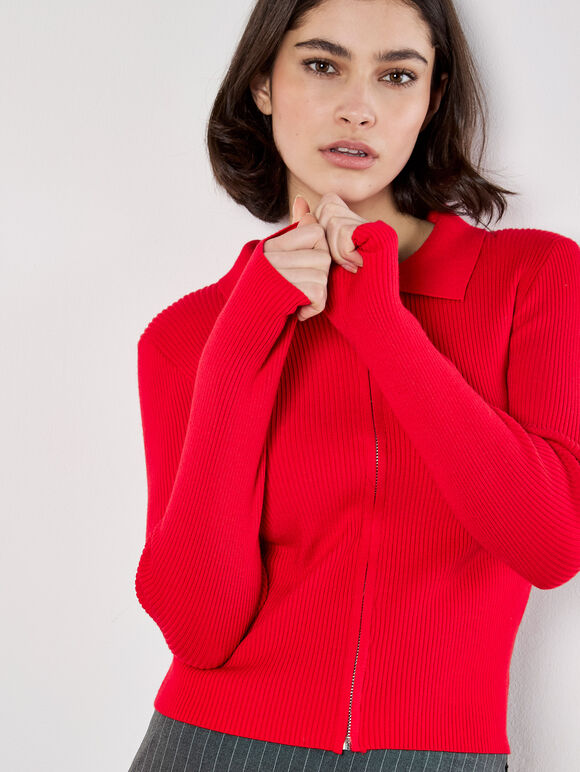 Zip Through Ribbed Knit Cardigan, Red, large