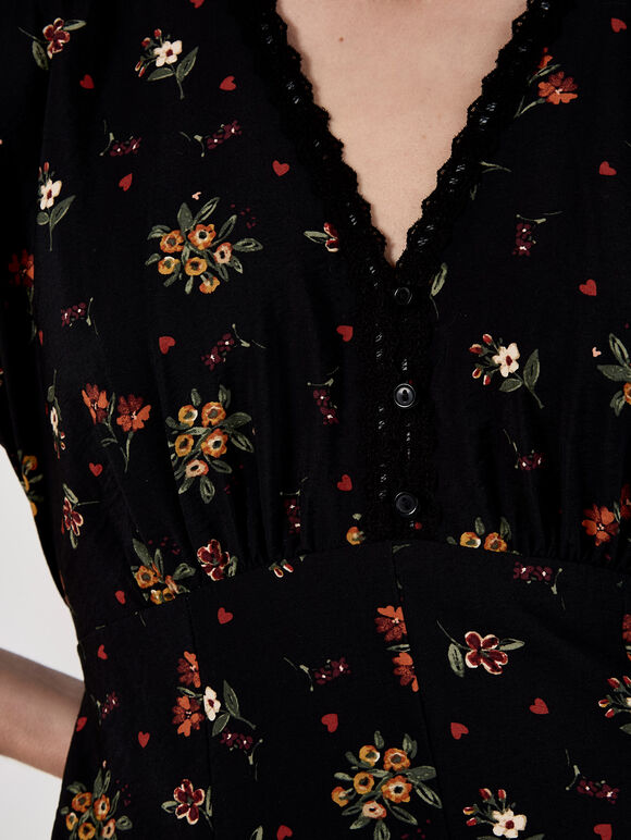 Floral Heart Midi Dress, Black, large