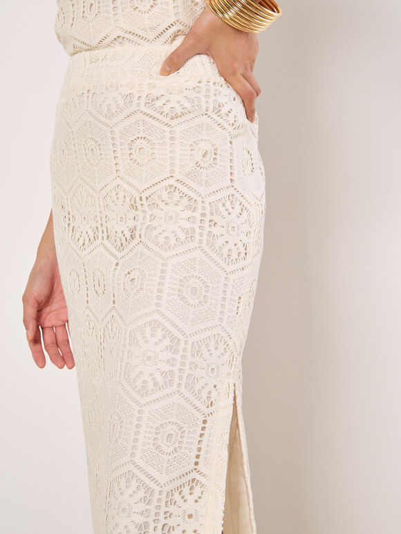 Crochet Lace Side Split Maxi Skirt, White, large