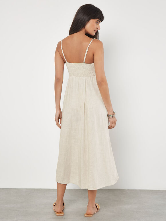 Linen Blend Camisole Midi Dress, Stone, large