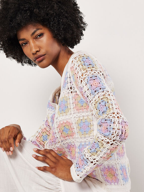 Multi Crochet Squares Cardigan, Cream, large