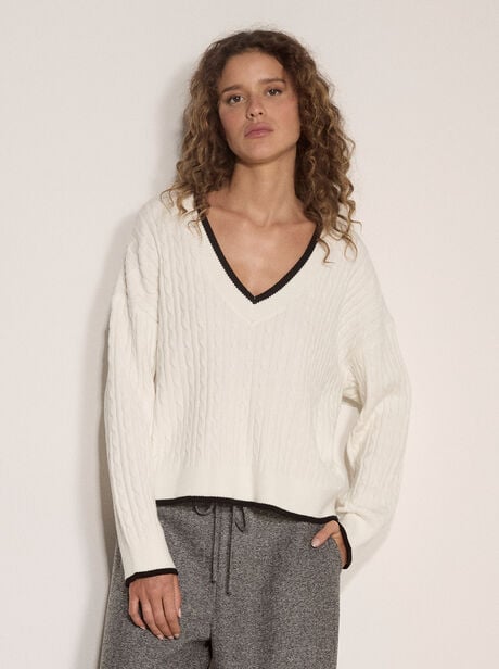 Cable Knit Tipped Cricket Jumper