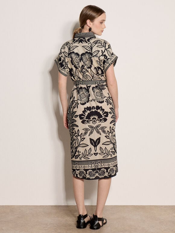 Floral Pineapple Cotton Shirt Midi Dress, Stone, large