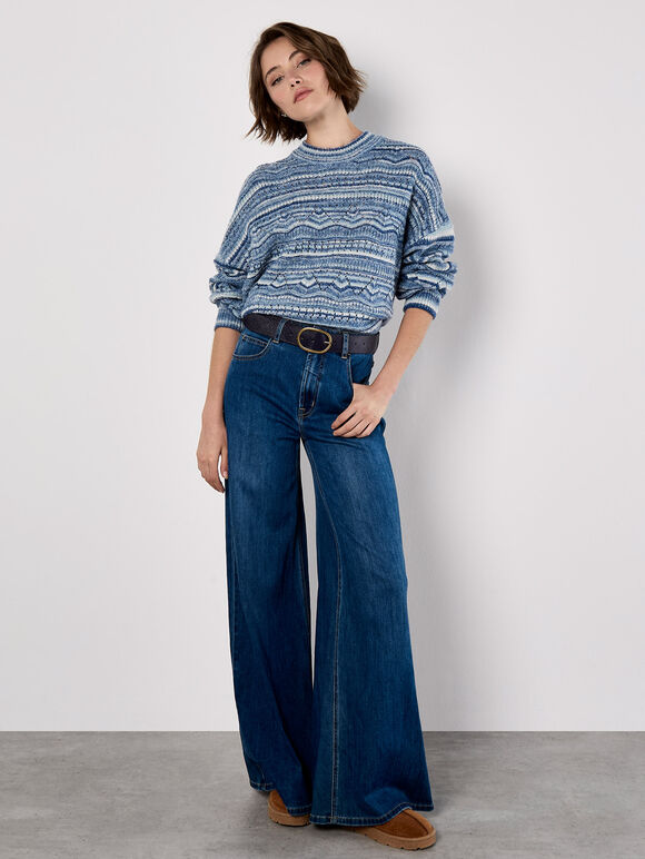 Pointelle Knit Stripe Jumper, Blue, large