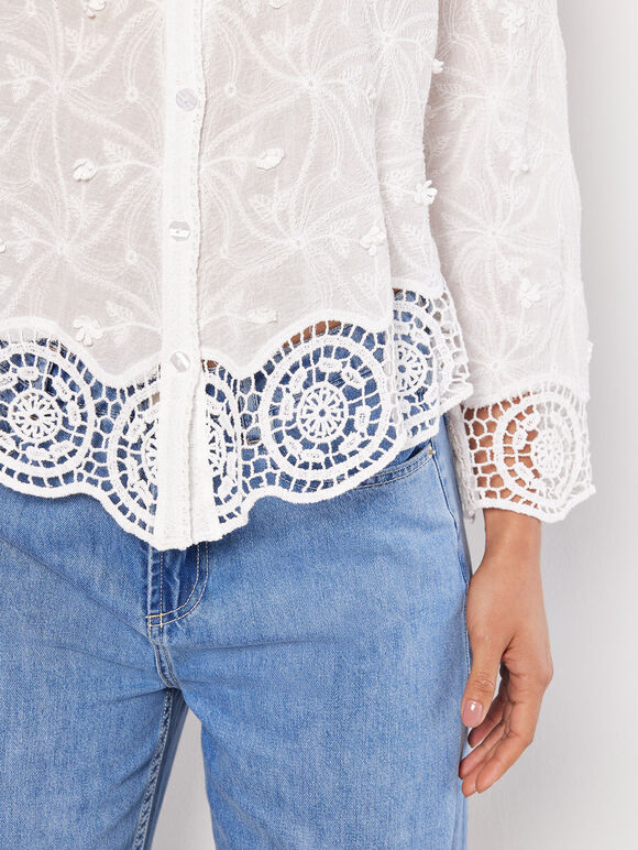 Textured Cotton Floral Crochet Blouse, White, large