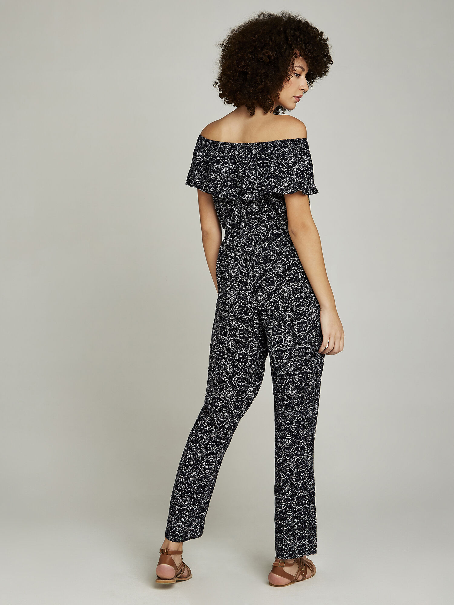 Navy Mosaic Floral Bardot Jumpsuit Apricot Clothing