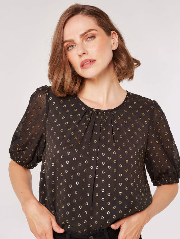 Foil Spot Pintuck Blouse, Black, large