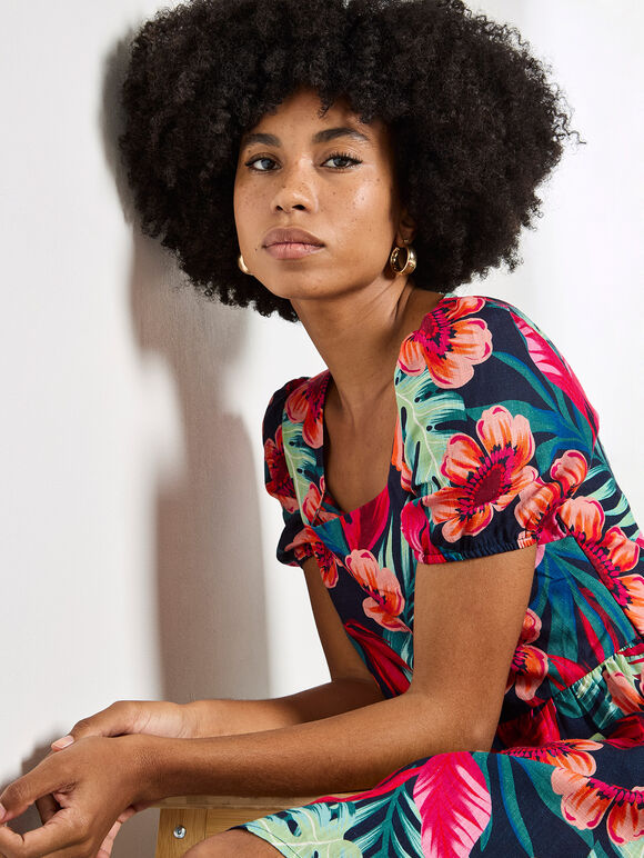 Tropical Floral Mini Dress, Fuchsia, large