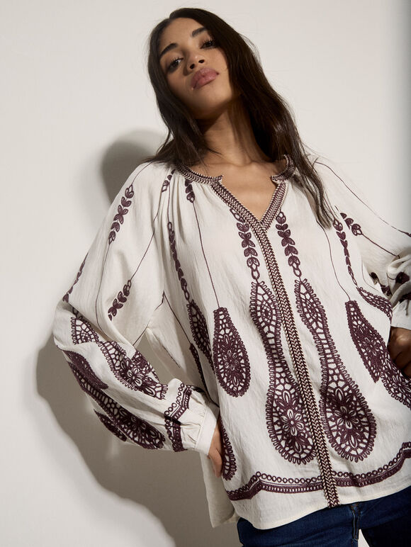 Floral Leaf Embroidered Blouse, Cream, large