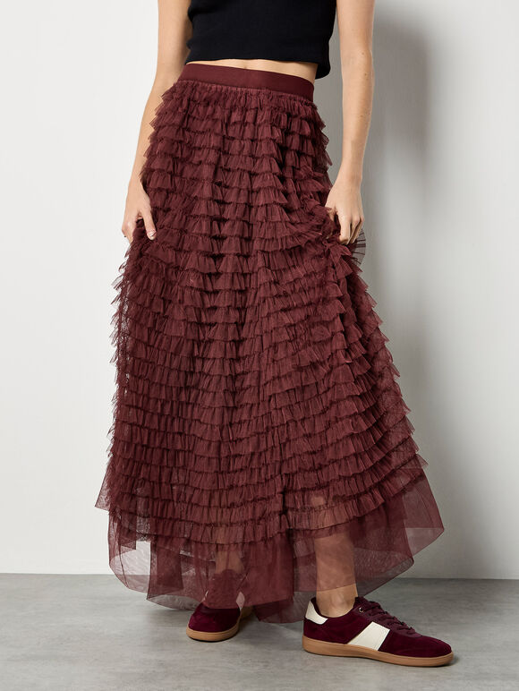 Ruffle Tiered Tulle Maxi Skirt, Burgundy, large