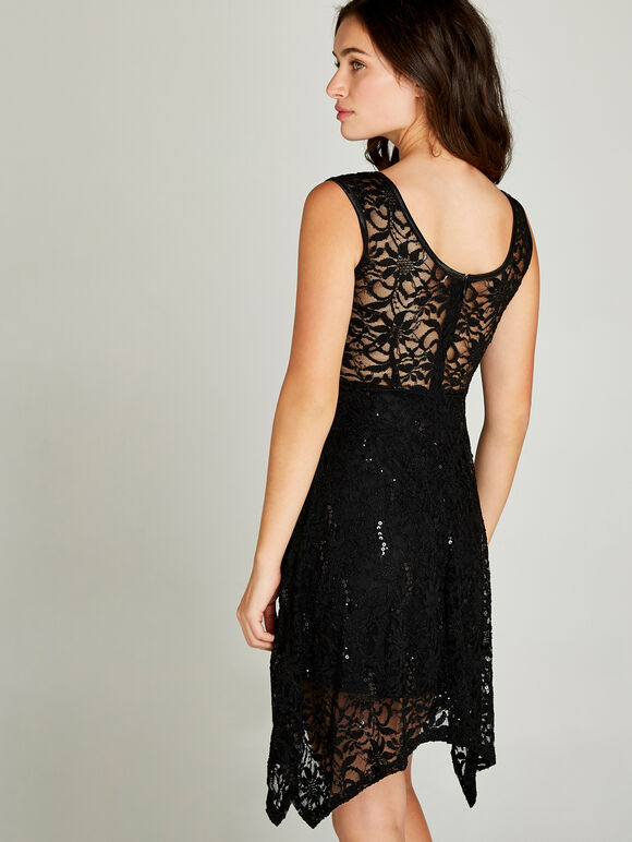 Sequin Lace Hanky Hem Skater Dress, Black, large