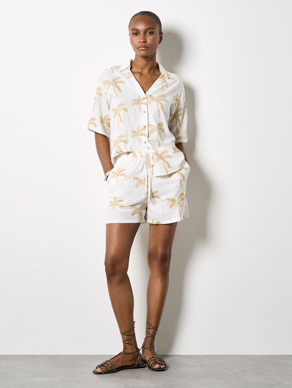 Embroidered Palm Trees Shirt, Cream, large