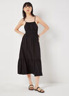 Drawstring Neck Smocked Midi Dress, Black, large