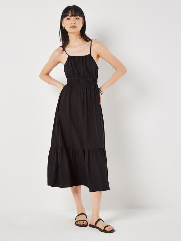 Drawstring Neck Smocked Midi Dress, Black, large