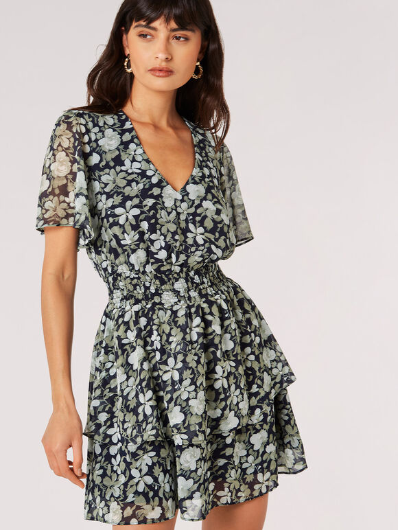 Watercolour Rose Tiered Mini Dress, Navy, large