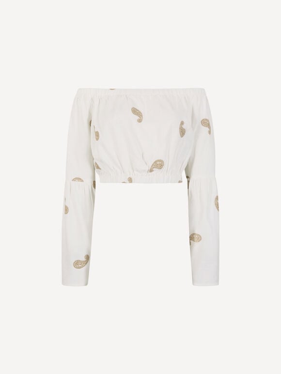 Paisley Embroidery Linen Blend Bardot Crop Top, Cream, large