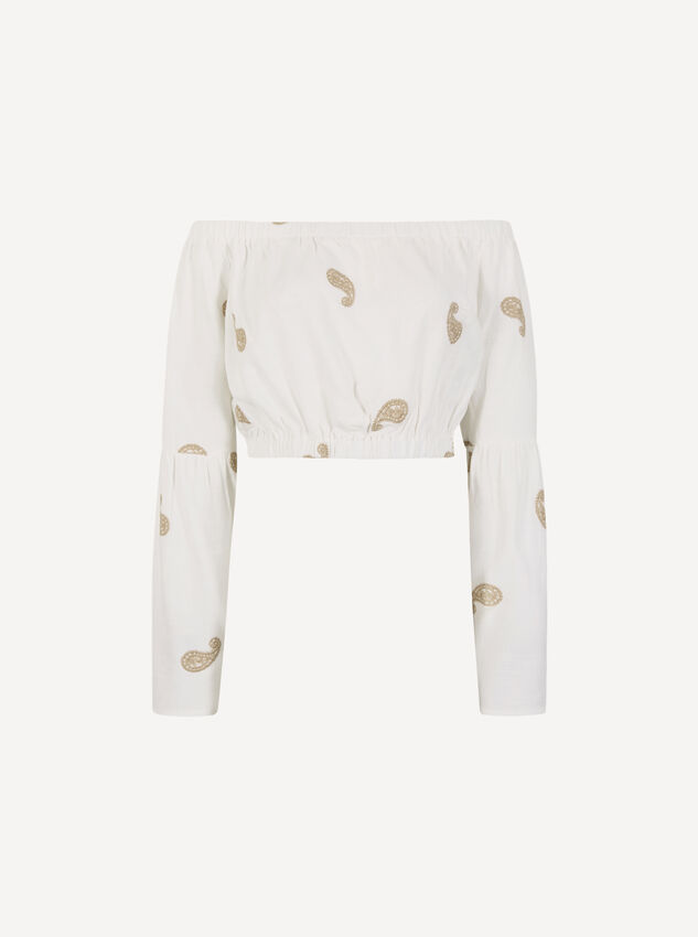 Paisley Embroidery Linen Blend Bardot Crop Top, Cream, large