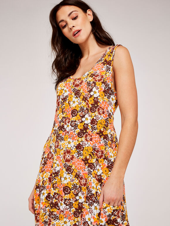 Vintage Floral V Neck Dress, Cream, large