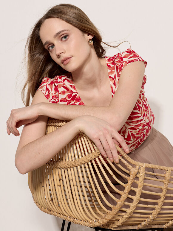 Leaf Print Tulip Sleeve Top, Red, large