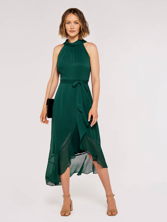 Halter Neck Ruffle Dress, Green, large