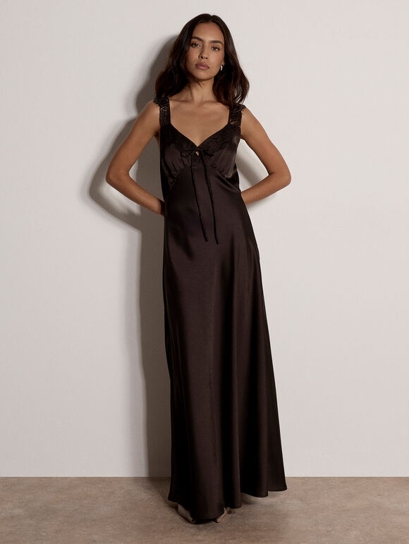 Satin Lace Maxi Dress, Brown, large