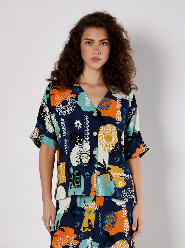 Colourful Sketch Print Top, Navy, large