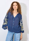 Paisley Embroidered Bell Sleeve Blouse, Navy, large