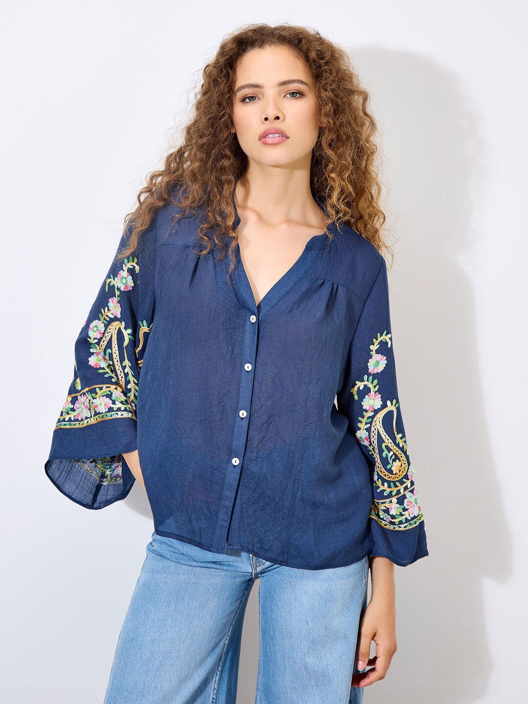 Image of Paisley Embroidered Bell Sleeve Blouse