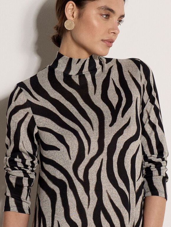 Zebra Print Swing Mini Dress, Stone, large