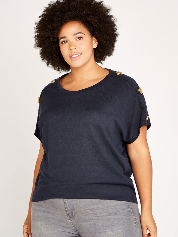 Button Shoulder Curved Hem Tee+, Navy, large