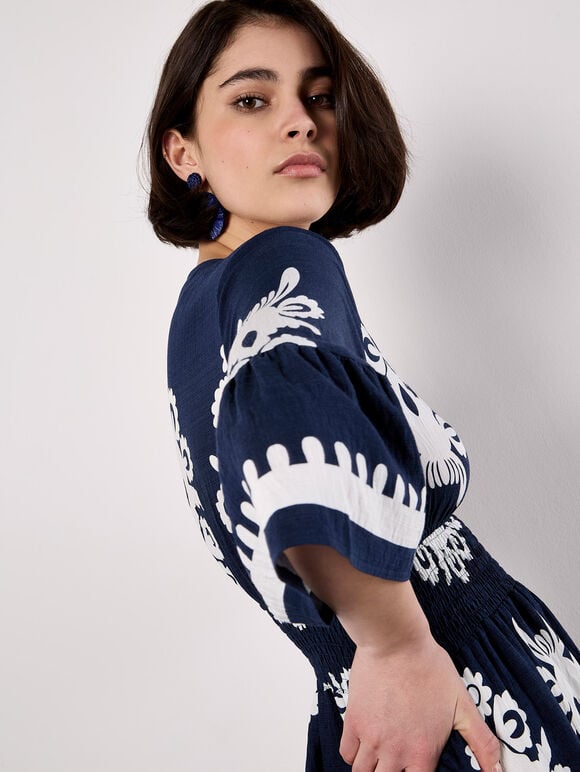 Floral Baroque Smocked Mini Dress, Navy, large
