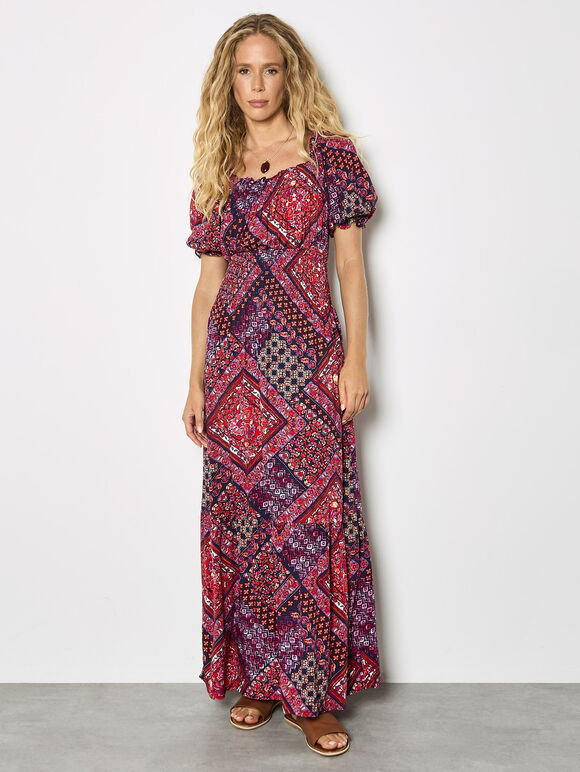Boho Folk Print Maxi Dress, Purple, large