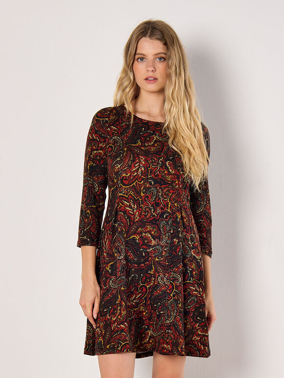Jersey Knit Paisley Mini Dress, Orange, large