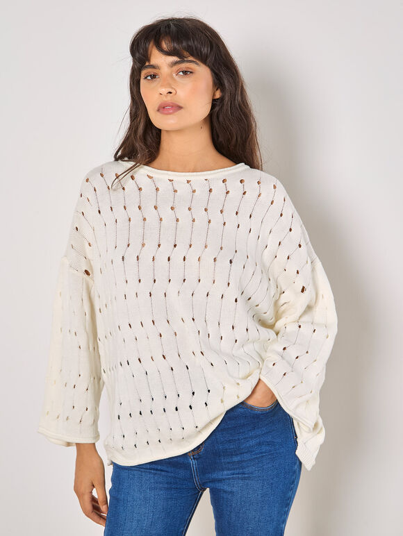 Pointelle Knit Bell Sleeve Jumper, White, large