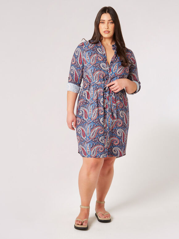 Curve Paisley Shirt Mini Dress, Blue, large