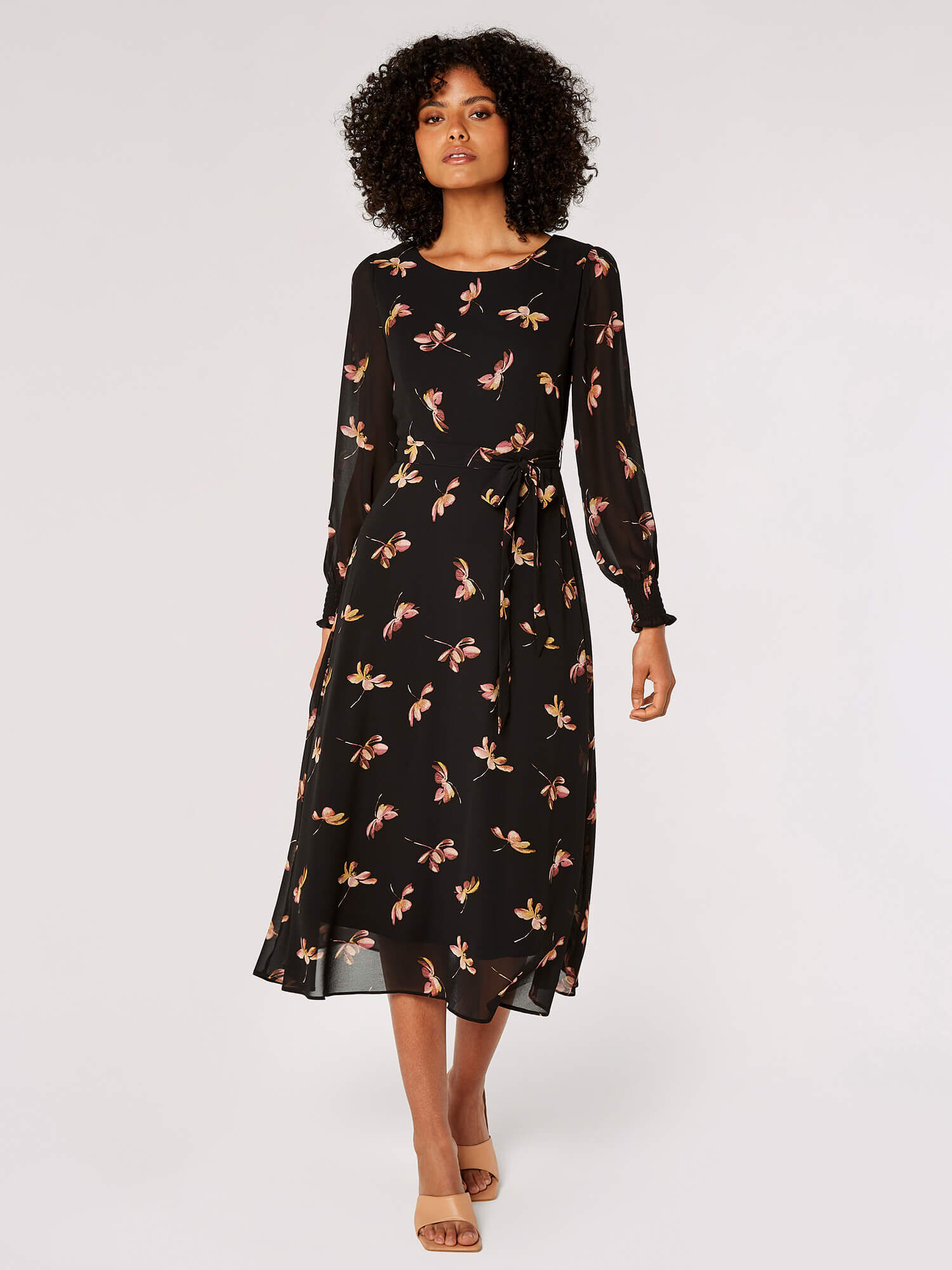 Painterly Floral Midi Dress Apricot Clothing