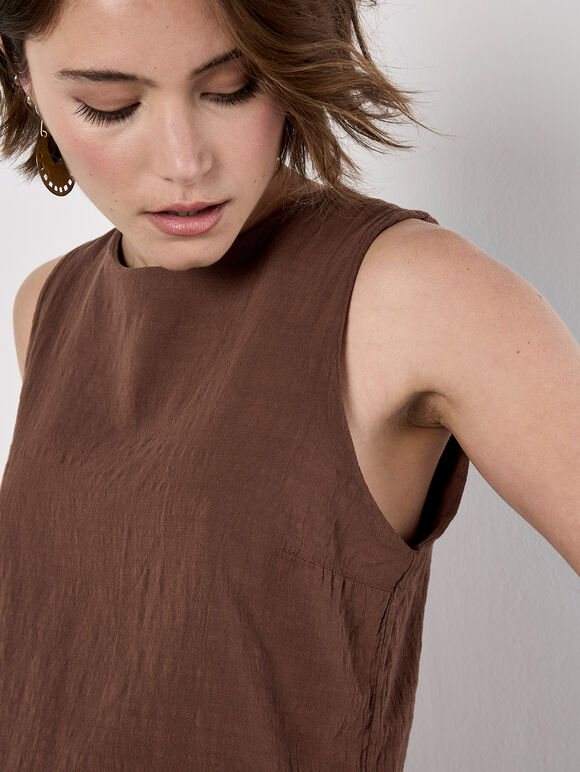 Double Layered Textured Cotton Top, Brown, large
