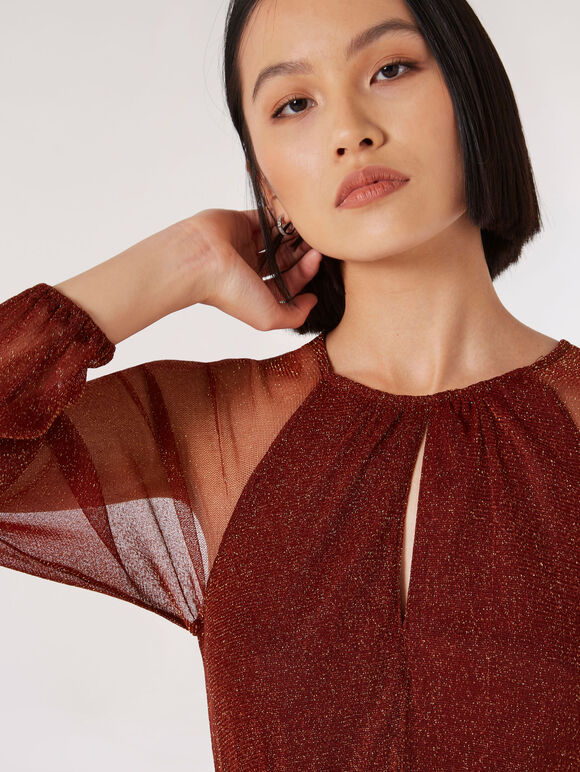 Metallic Sparkle Mesh Maxi Dress, Burgundy, large