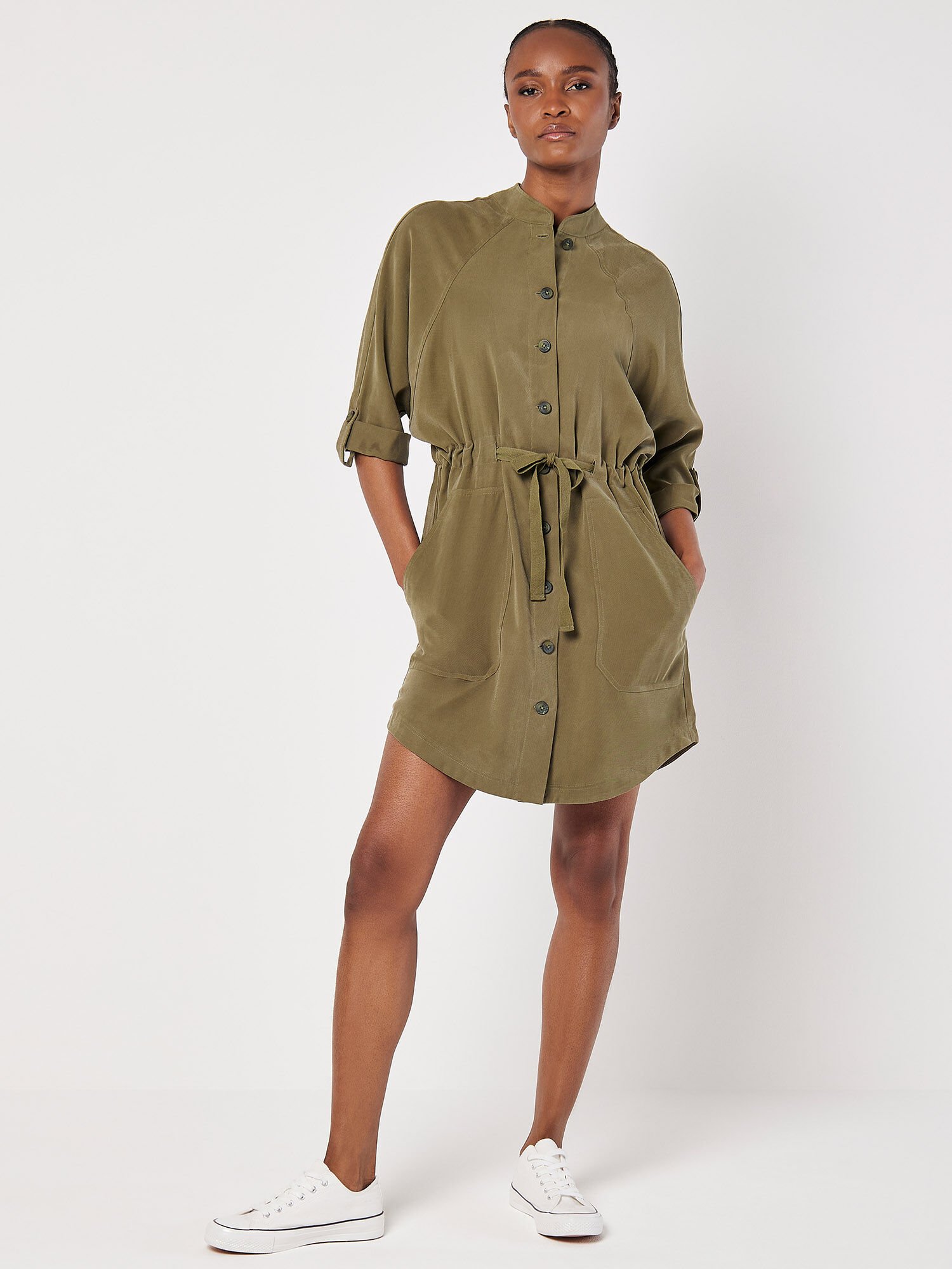 Drawstring Shirt Mini Dress Apricot Clothing