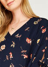 Long Tie Sleeve Floral Print Top, Navy, large
