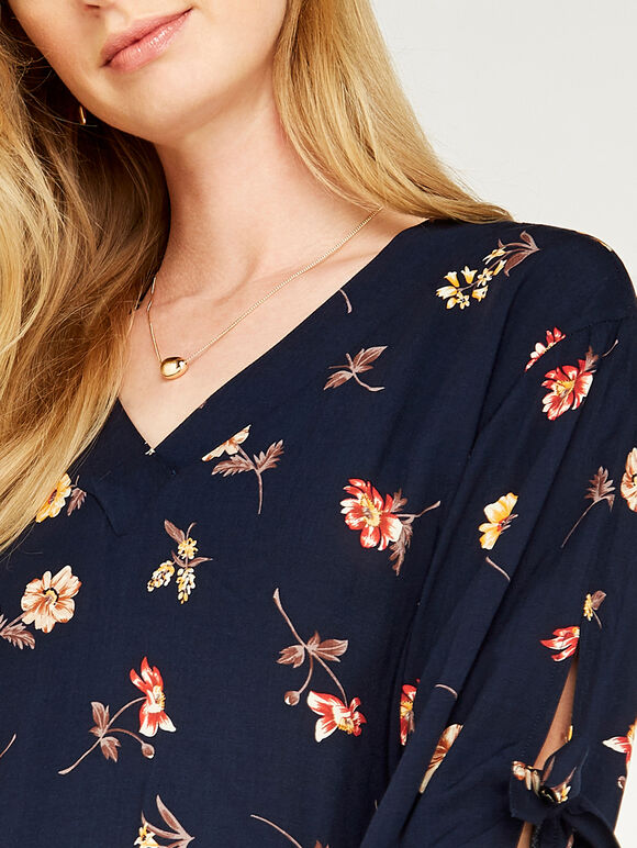Long Tie Sleeve Floral Print Top, Navy, large