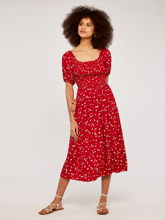 Floral Puff Sleeve Dress, Red, large