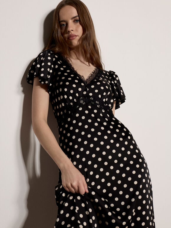 Polka Dot Satin Midi Dress, Black, large