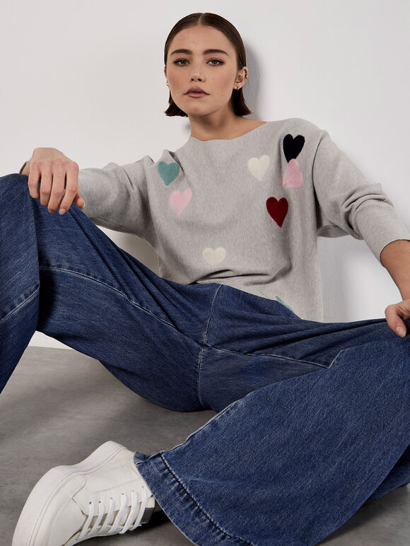 Applique Heart Batwing Jumper, Light Grey / Silver, large